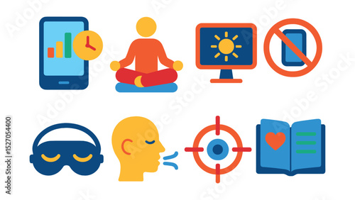 Flat vector icons of digital wellbeing: screen time app, meditation pose, blue light filter, digital detox, sleep mask, breathing exercise, focus mode, mindfulness journal.