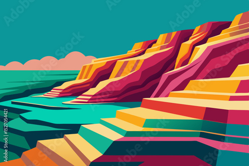 Vibrant, seamless patterns of colorful striped beach chairs and umbrellas illustrate a bright, summery textile design