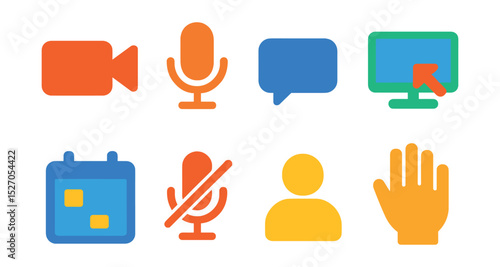 Flat vector icons of virtual meetings: video camera, microphone, chat bubble, screen sharing, calendar invite, mute button, participant icon, raised hand.