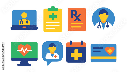 Flat vector icons of telemedicine services: video consultation, medical report, prescription, doctor’s profile, heartbeat monitor, medical chat, appointment calendar, health insurance card.