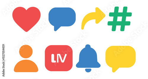 Flat vector icons of social media interactions: like button, comment bubble, share arrow, hashtag, follower icon, live video, notification bell, chat bubble.