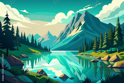 Green summer mountain landscape with trees, clouds, and a lake, or snowy winter peak view with glaciers and sky