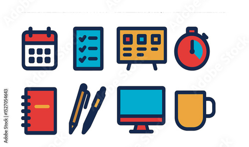 Flat vector icons of office productivity: calendar, checklist, task board, timer, notebook, pen, computer monitor, coffee mug.