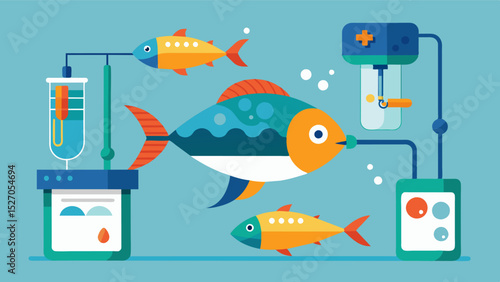 An automated fish vaccination system that reduces stress on the fish and ensures that they receive the proper vaccines at the right time improving overall health and minimizing. Vector illustration