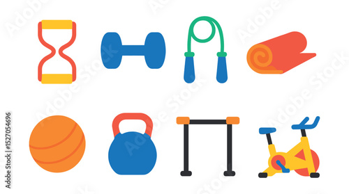 Flat vector icons of home workout equipment: resistance band, dumbbell, jump rope, yoga mat, fitness ball, kettlebell, pull-up bar, exercise bike.