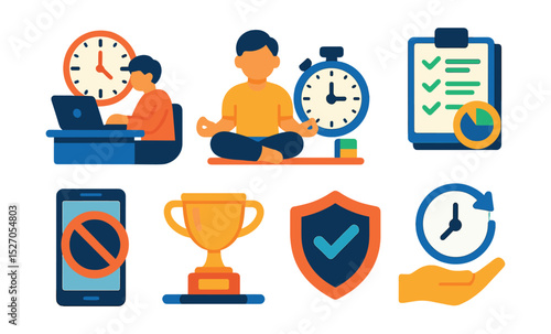 Flat vector icons of deadline culture and habits: deadline-driven workspace, focused countdown zone, timer on desk, task batching icon, no distraction mode, finish early trophy, discipline badge,