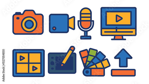 Flat vector icons of digital content creation: camera, video recorder, microphone, editing software, storyboard, graphics tablet, color palette, upload icon.