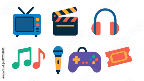 Flat vector icons of entertainment and media: television, movie clapperboard, radio, headphones, music notes, microphone, video game controller, ticket stub.