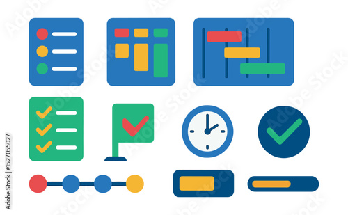 Flat vector icons of project management: task list, Kanban board, Gantt chart, checklist, timeline, milestone, clock, progress bar.