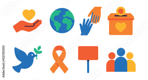 Flat vector icons of social causes: charity hand, globe, helping hands, donation box, peace dove, awareness ribbon, protest sign, community group.