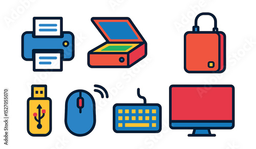 Flat vector icons of office technology: printer, scanner, projector, external hard drive, USB flash drive, wireless mouse, keyboard, monitor.