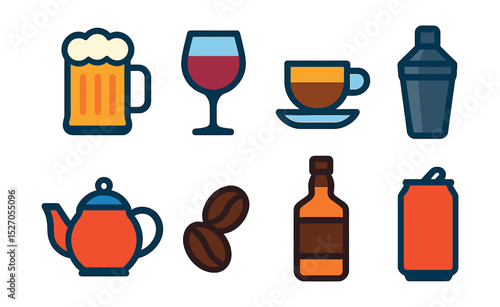 Flat vector icons of craft beverages: craft beer mug, wine glass, espresso cup, cocktail shaker, tea pot, coffee beans, whiskey bottle, soda can.