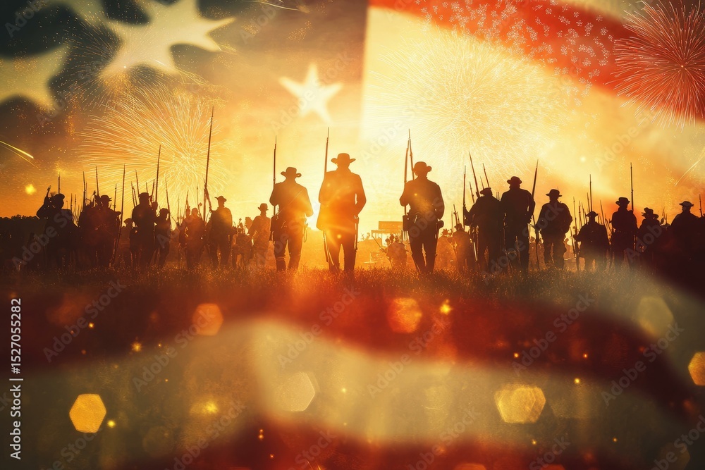 Fototapeta premium Soldiers marching in sunset battlefield with American flag and fireworks, symbolizing USA war history and patriotism
