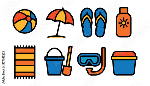 Flat vector icons of beach essentials: beach ball, sun umbrella, flip-flops, sunscreen, beach towel, bucket and spade, snorkel mask, cooler box.