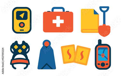 Flat vector icons of winter safety gear: avalanche beacon, first aid kit, emergency blanket, snow shovel, ice cleats, thermal blanket, hand warmers, GPS device.