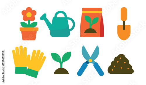 Flat vector icons of home gardening: flower pot, watering can, seed packet, shovel, garden gloves, sprout, garden shears, compost pile.