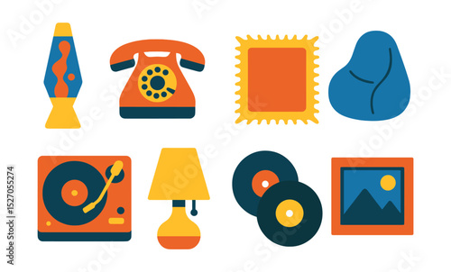 Flat vector icons of vintage home decor: lava lamp, rotary dial phone, shag rug, bean bag chair, record player, retro lamp, vinyl records, photo frame.