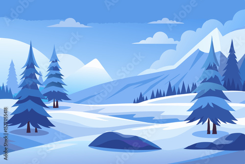 Snowy winter forest and mountain landscape with frosted trees under a cold blue sky