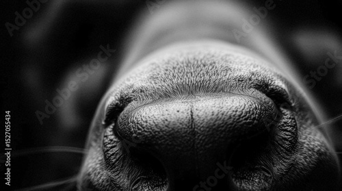 Extreme close-up of a dog's nose. Black and white photorealistic illustration.