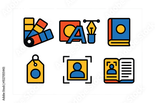 Flat vector icons of branding assets: color swatch, logo design, typography tool, brand manual, brand icon, design element, visual identity, style guide.