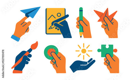 Flat vector icons of human hands with creative objects: hand launching paper airplane, hand drawing sketch, hand holding pencil, hand folding origami, hand holding paintbrush, hand placing sticker,