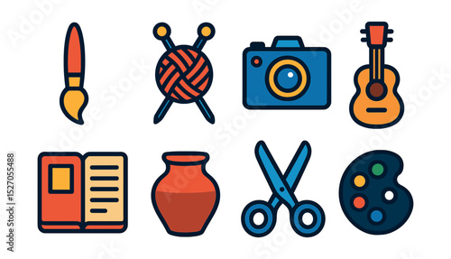Flat vector icons of creative hobbies: paintbrush, knitting needles, camera, guitar, notebook, clay pot, scissors, color palette.