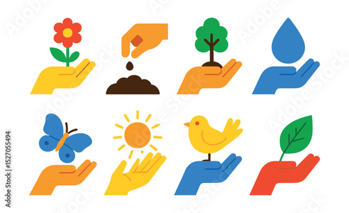 Flat vector icons of human hands interacting with nature: hand holding flower, hand planting seed, hand with small tree, hand holding raindrop, hand with butterfly, hand catching sunlight, hand with