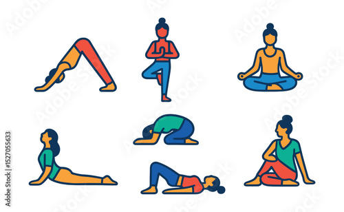 Flat vector icons of yoga poses: downward dog, tree pose, warrior pose, lotus pose, cobra pose, child’s pose, bridge pose, seated twist.