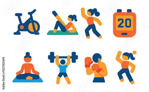 Flat vector icons of fitness class types: spinning, pilates, Zumba, HIIT, yoga, CrossFit, boxing, aerobics.