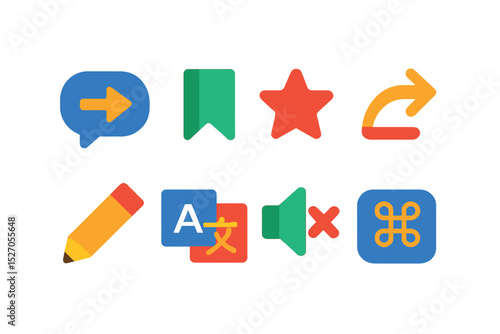 Flat vector icons of quick action buttons: quick reply, instant save, favorite toggle, quick share, auto fill, instant translate, quick mute, shortcut key.
