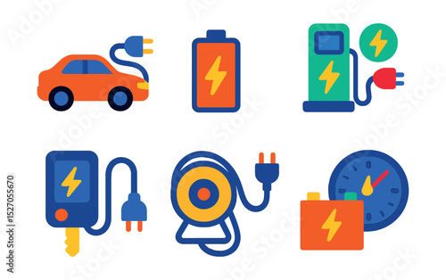 Flat vector icons of Electric Vehicles & Charging: electric car with charging cable, EV battery pack, charging station interface, plug-in hybrid, electric car key, charging cable reel, energy storage