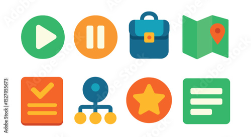 Flat vector icons of gaming interface buttons: start game, pause game, inventory icon, map toggle, quest log, skill tree, power-up button, game menu.