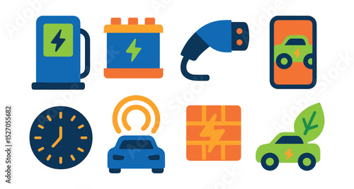 Flat vector icons of Electric Vehicles & Charging: electric vehicle charging station, battery pack, charging cable connector, EV app, charging time clock, wireless charging coil, energy grid, eco