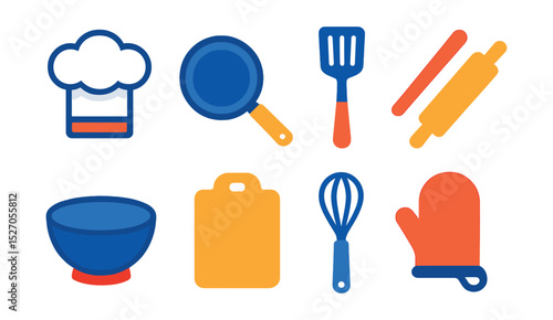 Flat vector icons of culinary arts: chef’s hat, frying pan, spatula, rolling pin, mixing bowl, cutting board, whisk, oven mitt.