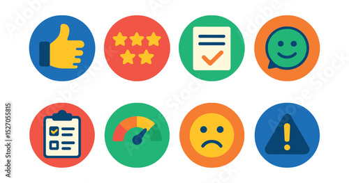Flat vector icons of user feedback tools in circular style: thumbs up icon, rating stars, review form, feedback bubble, user poll, satisfaction score, reaction face, report issue.