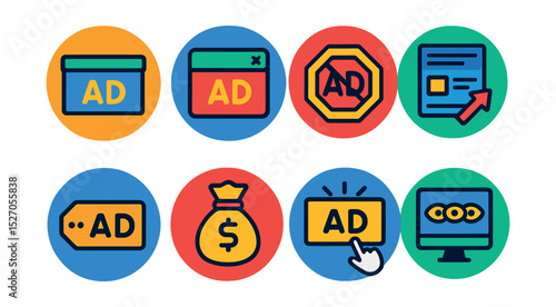 Flat vector icons of internet advertisement in circular style: banner ad, pop-up window, ad blocker, promoted post, sponsored tag, ad budget, click-through rate, impressions icon.