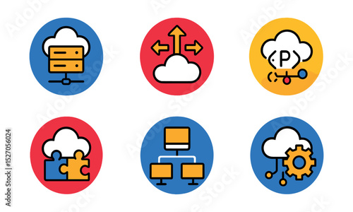 Flat vector icons of cloud computing operations in circular style: server cloud, elastic scale, cloud API, virtual machine, cloud integration, distributed system, backup node, cloud automation.
