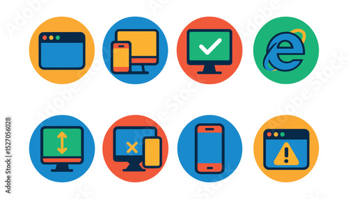 Flat vector icons of browser compatibility tools in circular style: browser icon set, device test, responsive check, legacy support, resolution scale, cross-platform icon, mobile preview, browser