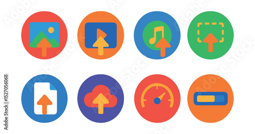 Flat vector icons of media upload tools in circular style: upload photo, upload video, upload audio, drag and drop, select file, cloud import, file size meter, progress bar.