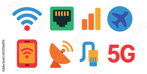 Flat vector icons of internet connectivity: Wi-Fi signal, ethernet port, mobile network bars, airplane mode, hotspot icon, satellite dish, LAN cable, 5G icon.