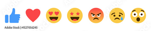 Emoji reactions. social media smiley emoji face ; thumb up icon, like, love, heart, surprise, heart eyes, star eyes, sad, angry, emojis icon - social network emoticon reactions collection set