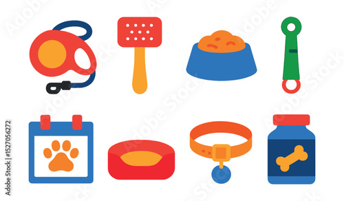 Flat vector icons of pet care and training: dog leash, grooming brush, food bowl, training whistle, vet appointment, pet bed, collar, treat jar.