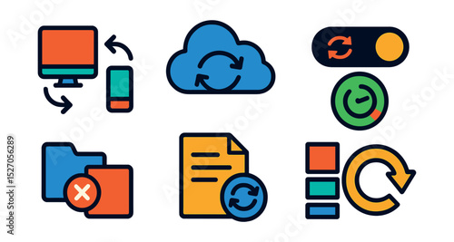 Flat vector icons of data syncing tools: multi-device sync, sync cloud, auto-sync toggle, sync progress, data conflict icon, sync log, update queue, manual refresh.