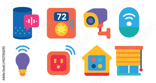Flat vector icons of smart home automation: voice assistant, smart thermostat, security camera, motion sensor, smart light bulb, smart plug, home hub, automated blinds.