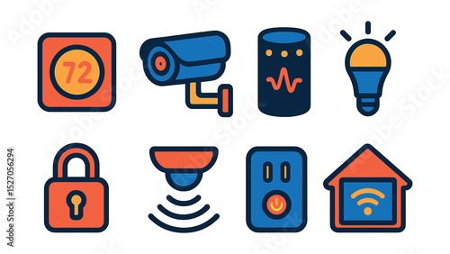 Flat vector icons of smart home tech: smart thermostat, security camera, voice assistant, smart lighting, smart lock, motion sensor, smart plug, home hub.