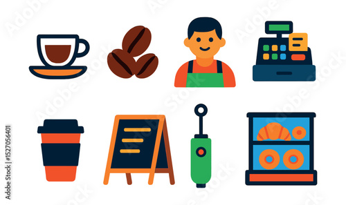 Flat vector icons of coffee shop essentials: espresso cup, coffee beans, barista, cash register, takeaway cup, menu board, milk frother, pastry display.