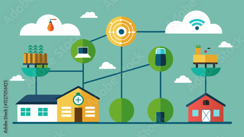 An interconnected farm fence network that can send data to a central hub for comprehensive farm monitoring increasing productivity and efficiency.. Vector illustration