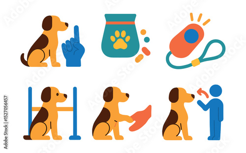 Flat vector icons of pet training: obedience commands, treat bag, clicker, leash training, agility course, paw shake, sit command, recall signal.