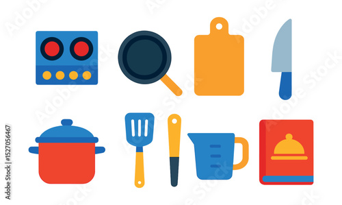 Flat vector icons of home cooking: stove, frying pan, cutting board, chef knife, pot, spatula, measuring cup, recipe book.
