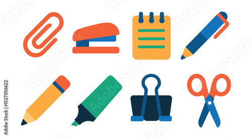 Flat vector icons of office supplies: paperclip, stapler, notepad, pen, pencil, highlighter, binder clip, scissors.